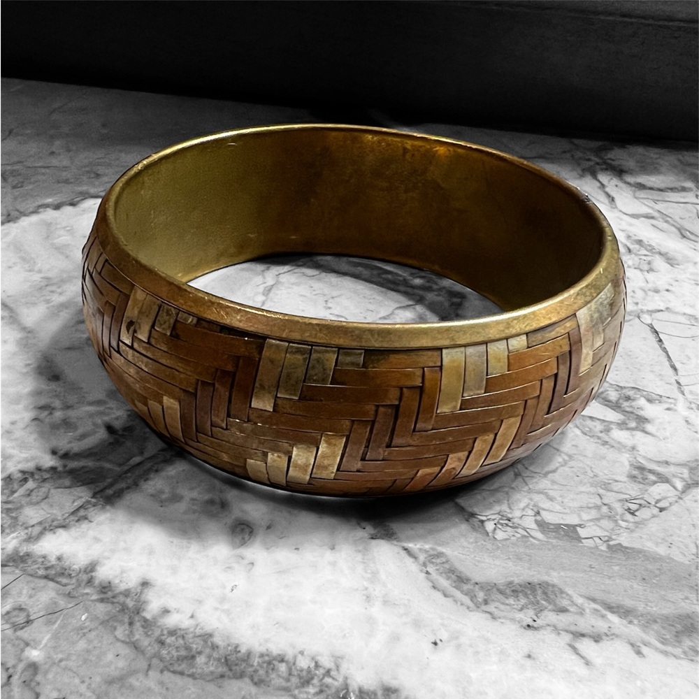 Vintage Woven Gold-Tone Bangle copper metal Bracelet basket weave pattern